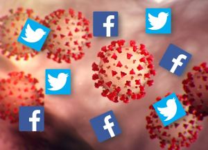 Image of COVID-19 virus with Facebook and Twitter logos.